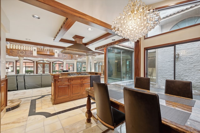 dining area featuring coffered ceiling, beamed ceiling, decorative columns, and a notable chandelier