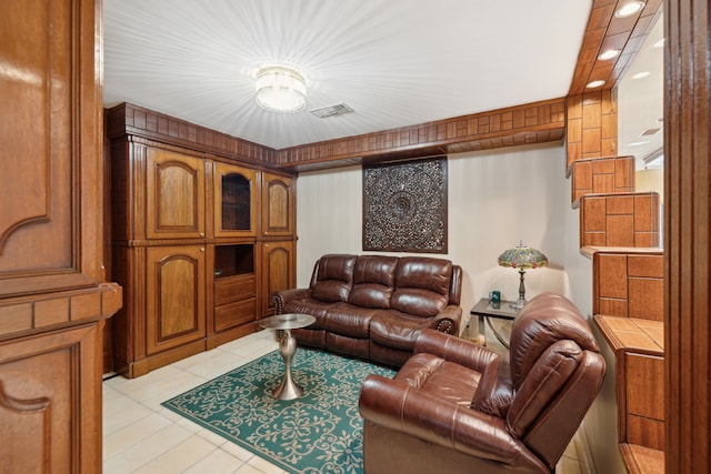 living room featuring light tile patterned flooring