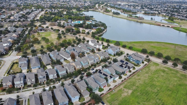 drone / aerial view with a water view