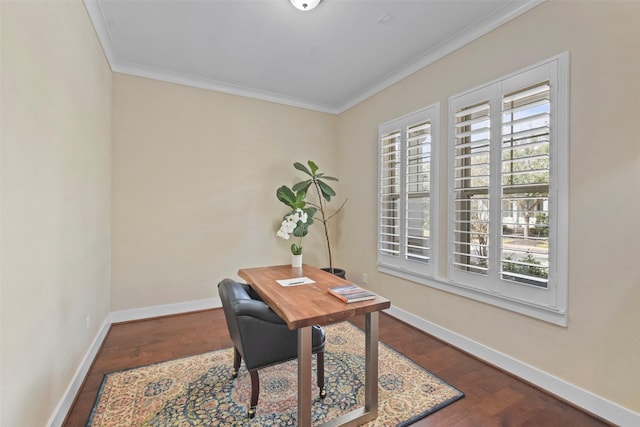 office with ornamental molding and dark hardwood / wood-style flooring