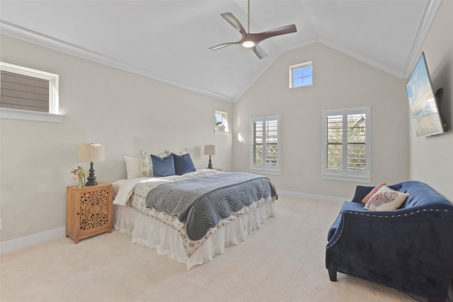 bedroom with light carpet, vaulted ceiling, ceiling fan, and ornamental molding