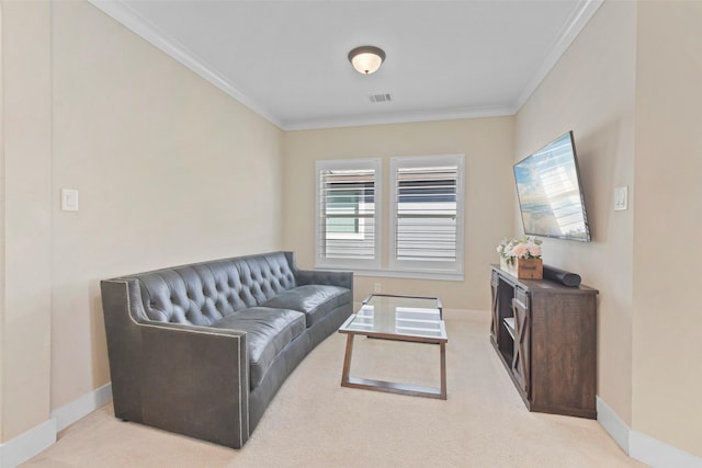 carpeted living room with crown molding