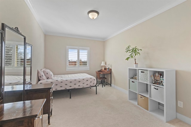 bedroom featuring ornamental molding and light colored carpet