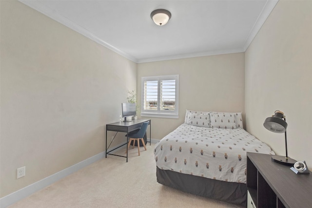 carpeted bedroom featuring ornamental molding