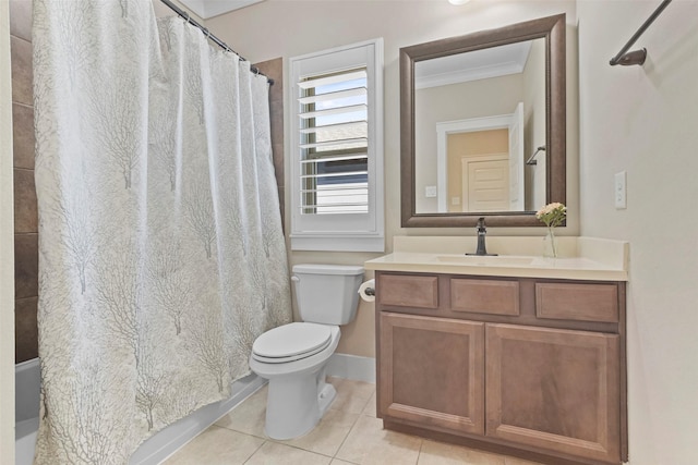 bathroom with tile patterned flooring, vanity, toilet, walk in shower, and ornamental molding