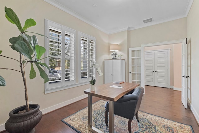 office area featuring dark hardwood / wood-style flooring and ornamental molding