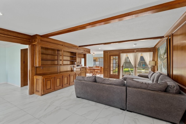 living room featuring beam ceiling