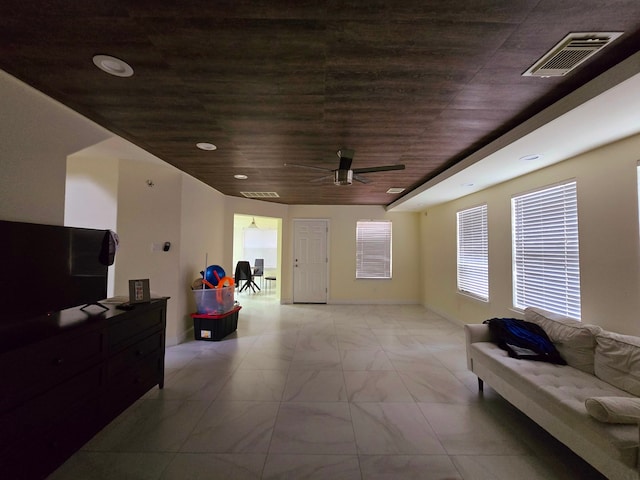 living room featuring ceiling fan and wood ceiling