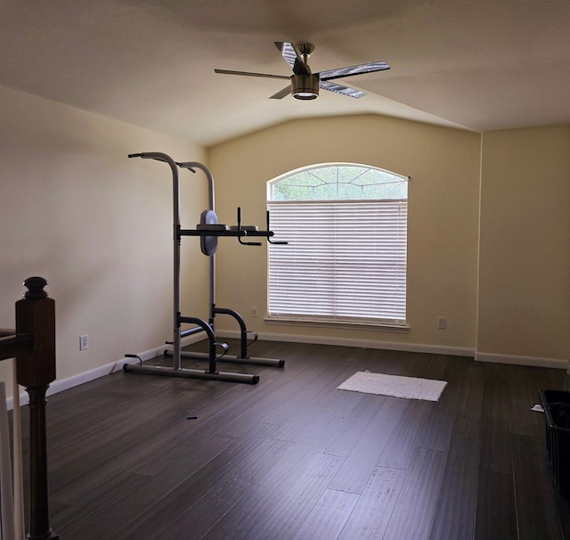 exercise room with vaulted ceiling, ceiling fan, and dark hardwood / wood-style floors