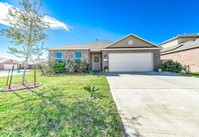 ranch-style home with a front yard and a garage