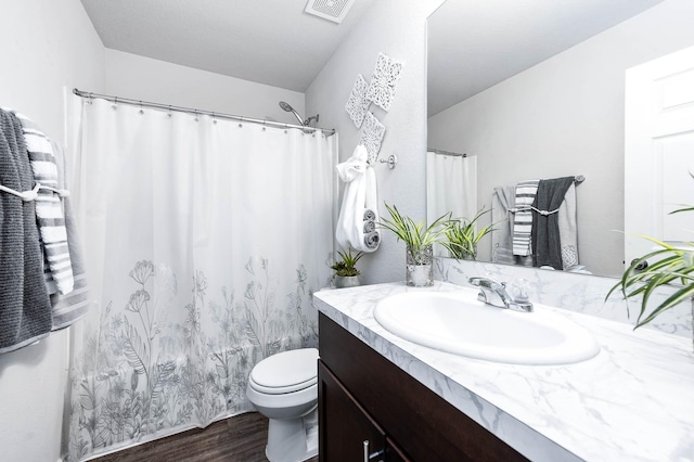 bathroom featuring toilet, vanity, and wood-type flooring