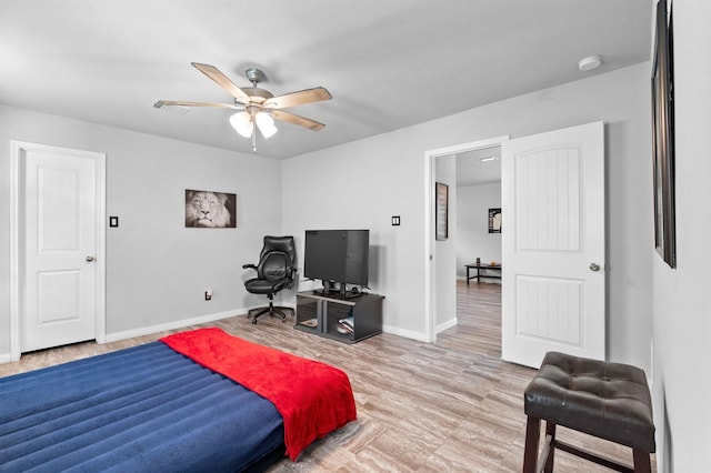 bedroom featuring ceiling fan and wood-type flooring