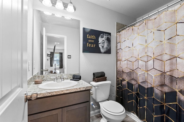 bathroom featuring toilet, vanity, and walk in shower