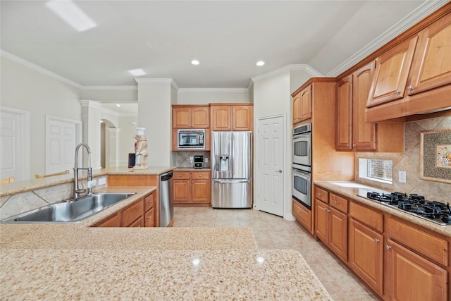 kitchen featuring crown molding, decorative backsplash, sink, stainless steel appliances, and light tile patterned flooring