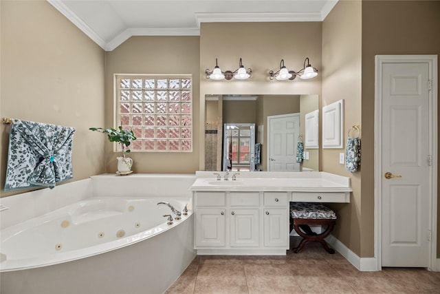 bathroom featuring tile patterned flooring, vanity, ornamental molding, vaulted ceiling, and a washtub