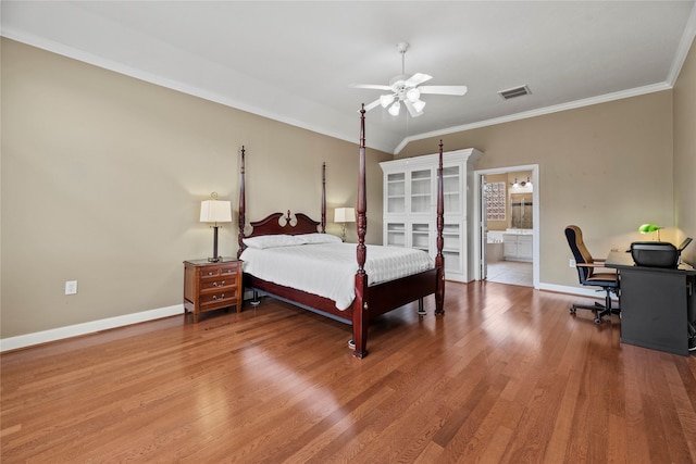 bedroom with hardwood / wood-style floors, ensuite bathroom, ceiling fan, and ornamental molding