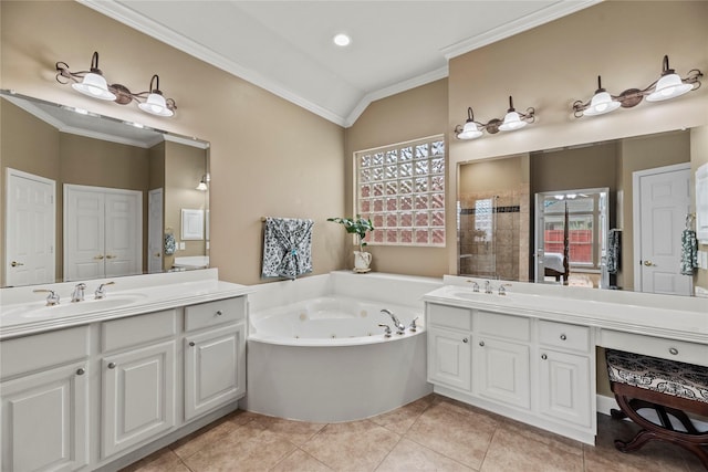 bathroom with separate shower and tub, vaulted ceiling, tile patterned floors, vanity, and ornamental molding