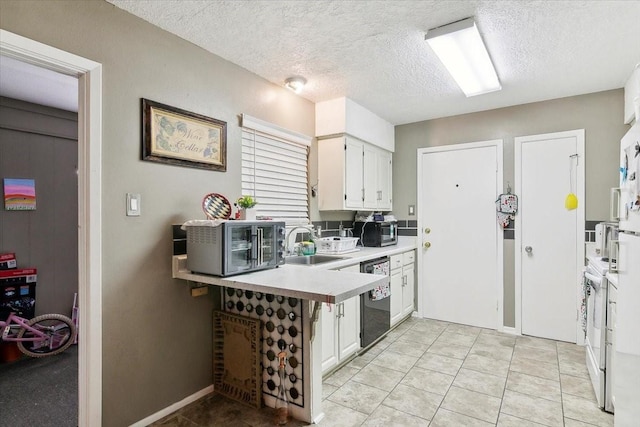 kitchen with kitchen peninsula, dishwasher, a textured ceiling, white cabinets, and sink