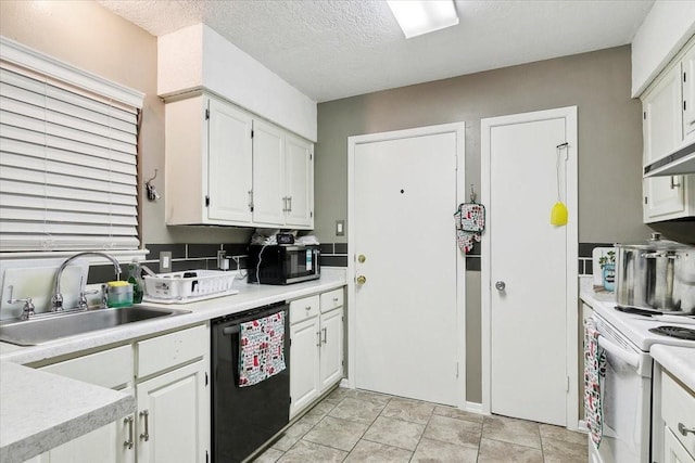 kitchen with dishwasher, white range with electric stovetop, sink, white cabinetry, and a textured ceiling