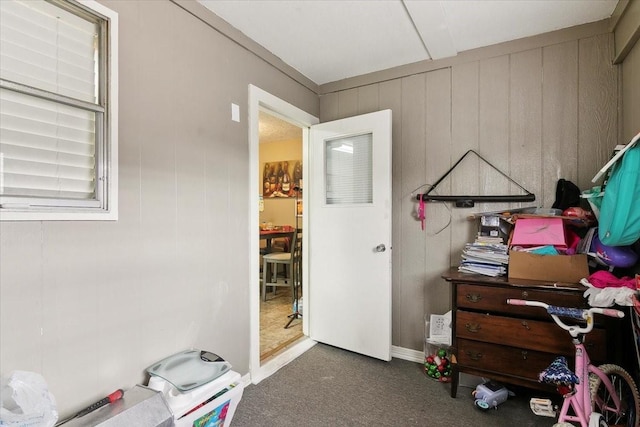 miscellaneous room featuring dark carpet