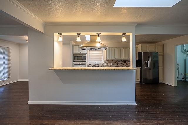 kitchen with decorative light fixtures, a skylight, appliances with stainless steel finishes, and island range hood