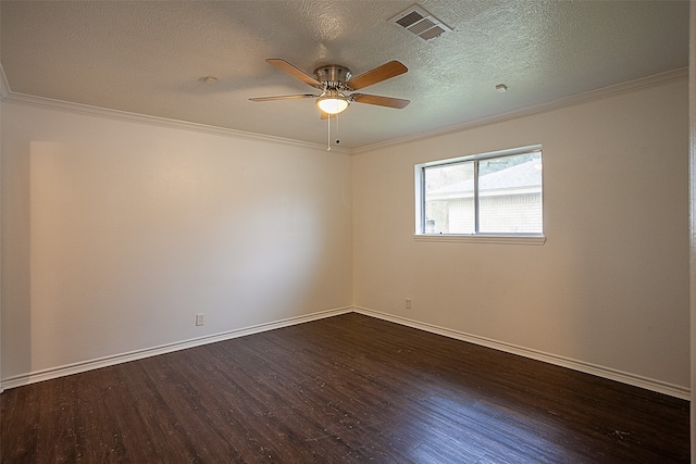 spare room with a textured ceiling, ceiling fan, ornamental molding, and dark hardwood / wood-style floors