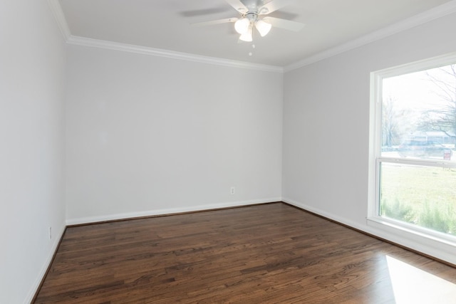 unfurnished room featuring crown molding, dark hardwood / wood-style floors, and ceiling fan