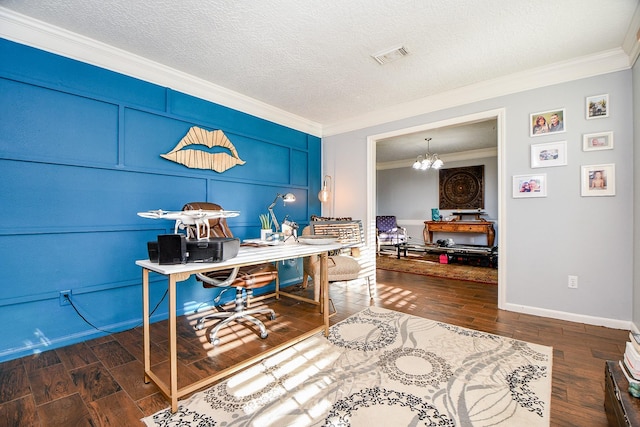 office area featuring ornamental molding, an inviting chandelier, and a textured ceiling