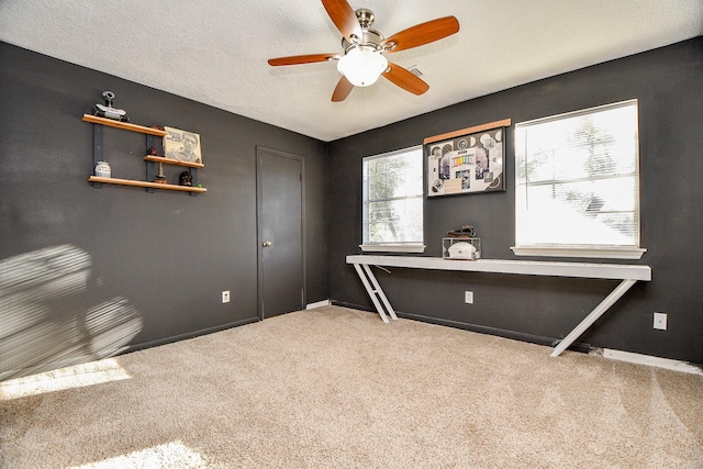 interior space featuring ceiling fan, carpet floors, and a textured ceiling