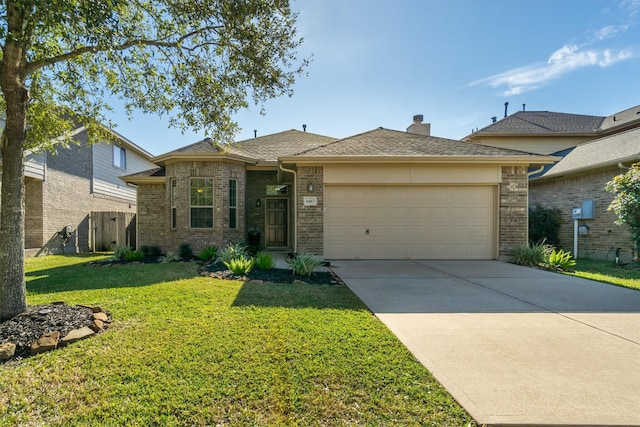 view of front of home featuring concrete driveway, a front lawn, an attached garage, and brick siding