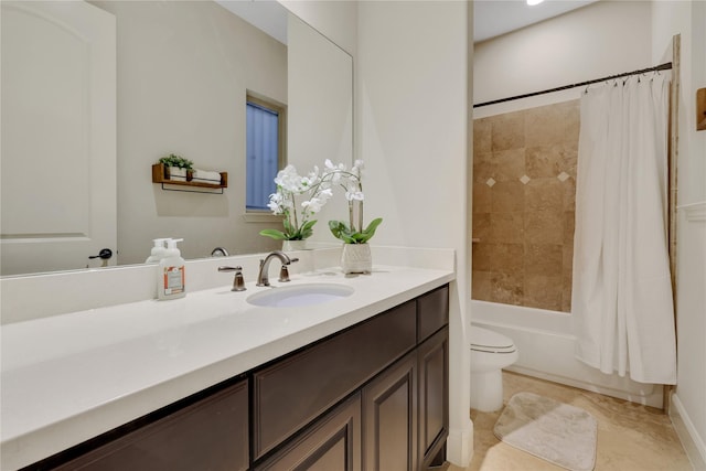 full bathroom featuring toilet, vanity, and shower / tub combo with curtain