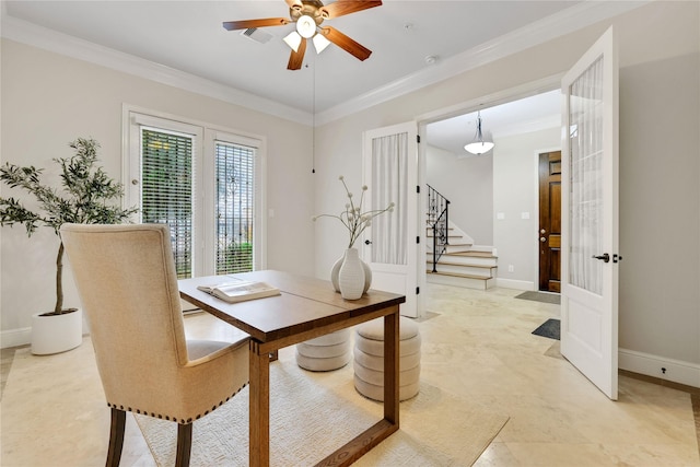 dining room featuring ceiling fan, french doors, and crown molding