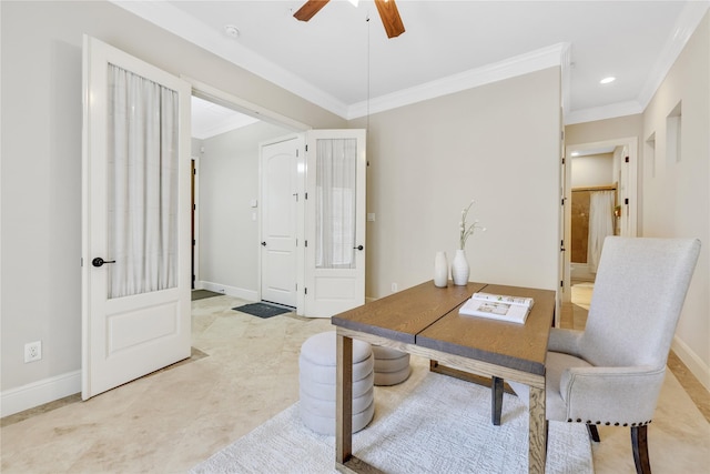 home office with ceiling fan and ornamental molding