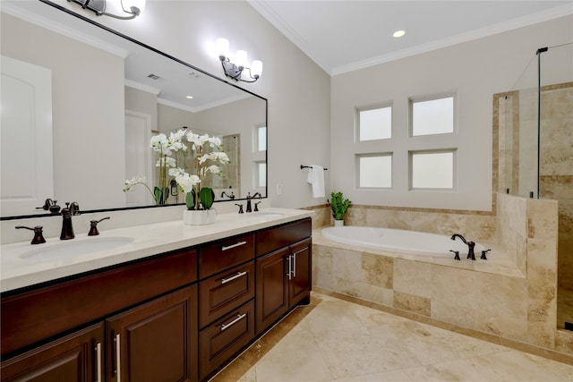 bathroom with vanity, crown molding, and plus walk in shower