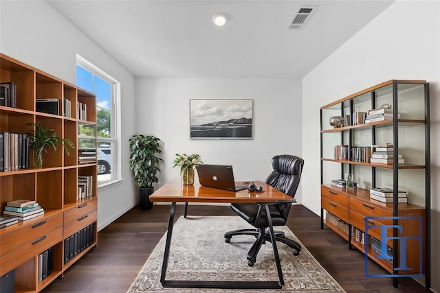 home office featuring dark hardwood / wood-style flooring