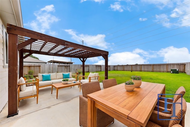 view of patio / terrace featuring an outdoor hangout area and a pergola