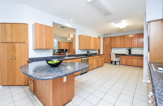 kitchen featuring kitchen peninsula, ceiling fan, light tile patterned flooring, dishwasher, and sink