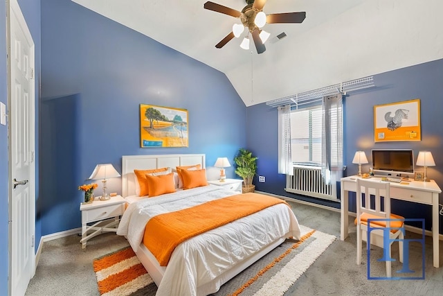 carpeted bedroom with ceiling fan and lofted ceiling