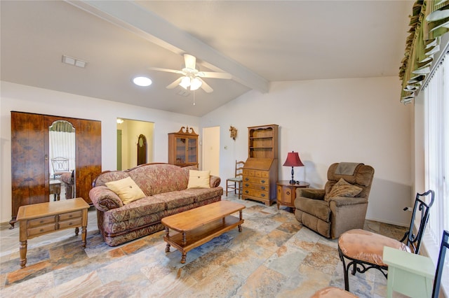 living room featuring ceiling fan and vaulted ceiling with beams