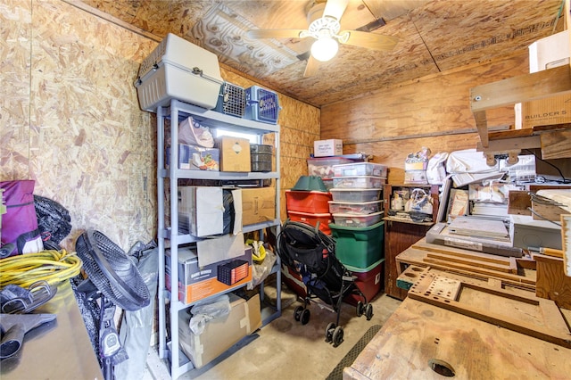 storage area featuring ceiling fan