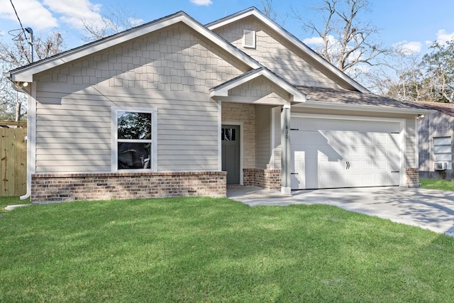 view of front facade with a garage, cooling unit, and a front lawn