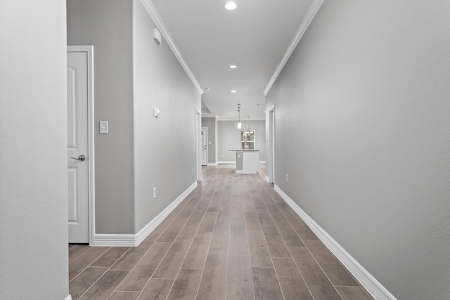 hall with hardwood / wood-style floors and ornamental molding