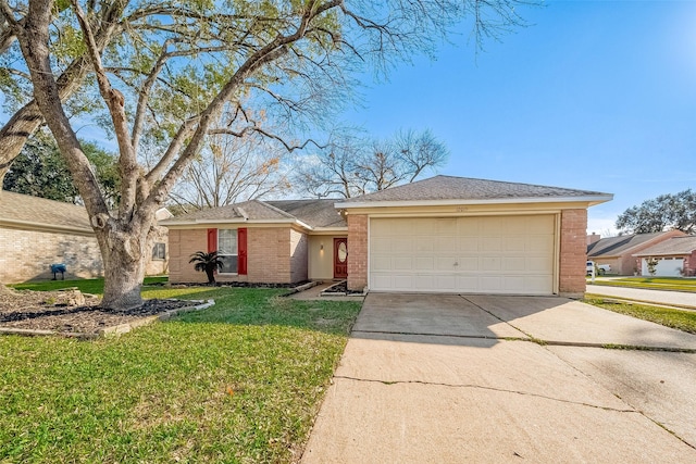 ranch-style home featuring a garage and a front yard