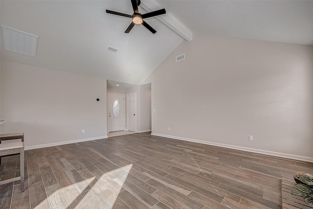 unfurnished living room with ceiling fan, light hardwood / wood-style floors, high vaulted ceiling, and beamed ceiling