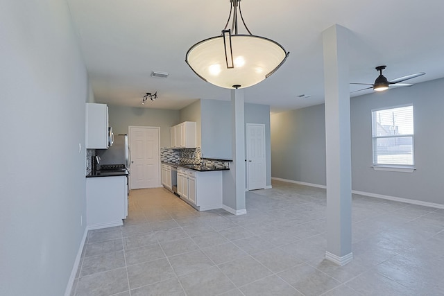 kitchen with pendant lighting, white cabinetry, tasteful backsplash, ceiling fan, and light tile patterned floors