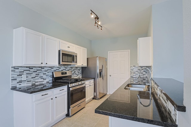 kitchen featuring white cabinets, backsplash, sink, and stainless steel appliances