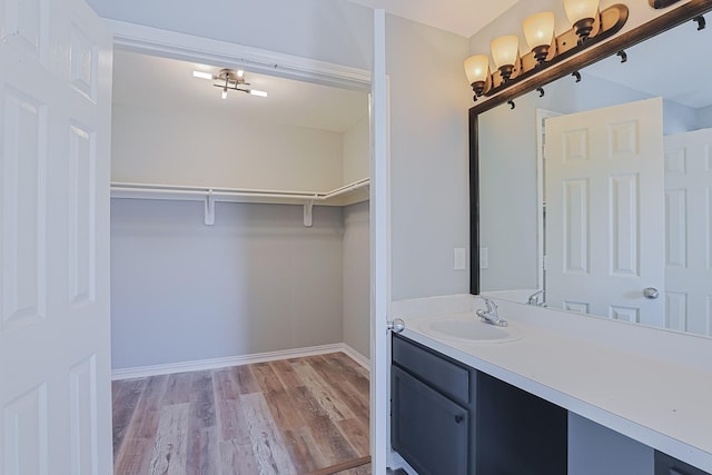 bathroom with hardwood / wood-style flooring and vanity