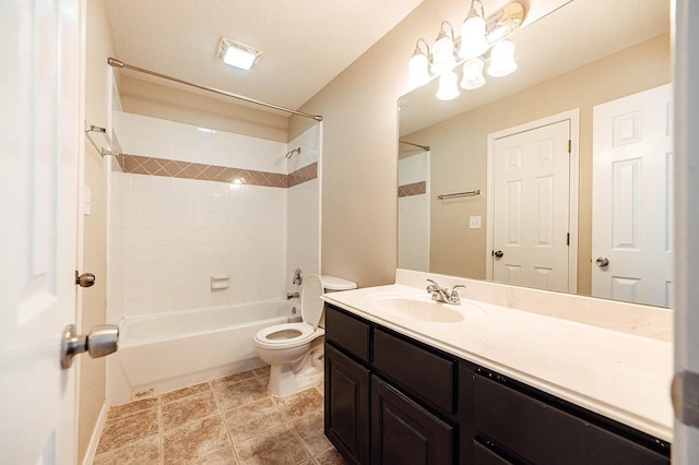 bathroom with toilet, visible vents, tub / shower combination, and vanity