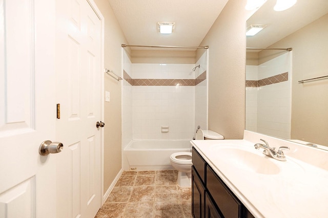 bathroom with tile patterned flooring, toilet, vanity, baseboards, and tub / shower combination