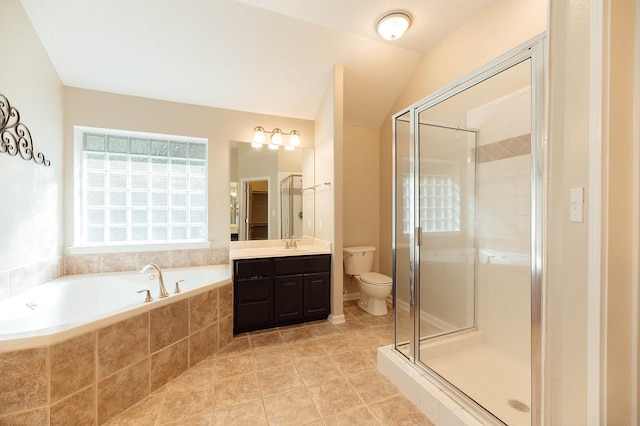 27210 Afton Way, Huffman, TX 77336 - full bathroom with vanity, a garden tub, toilet, a stall shower, and tile patterned floors